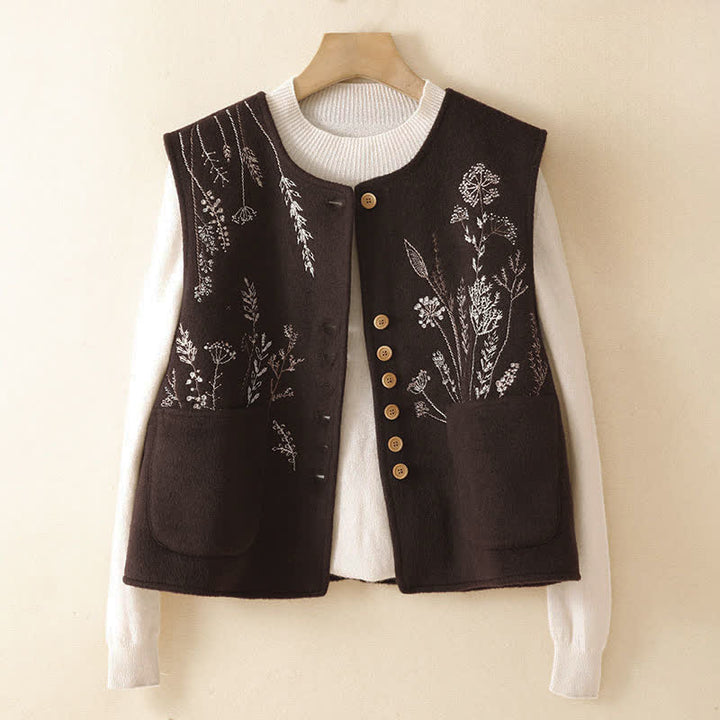 Buddha Stones Canotta classica vintage autunno/inverno con ricami floreali ed erba, gilet da donna con tasche - image 1