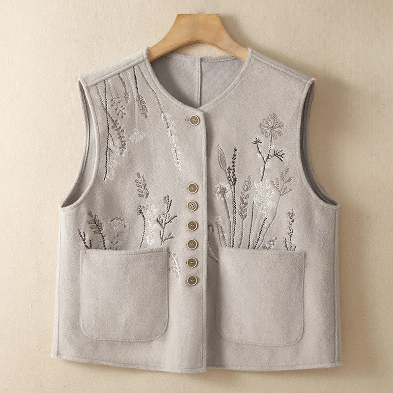 Buddha Stones Canotta classica vintage autunno/inverno con ricami floreali ed erba, gilet da donna con tasche - Tan - US8-10, UK/AU12-14, EU40-42 (2XL) - image 26