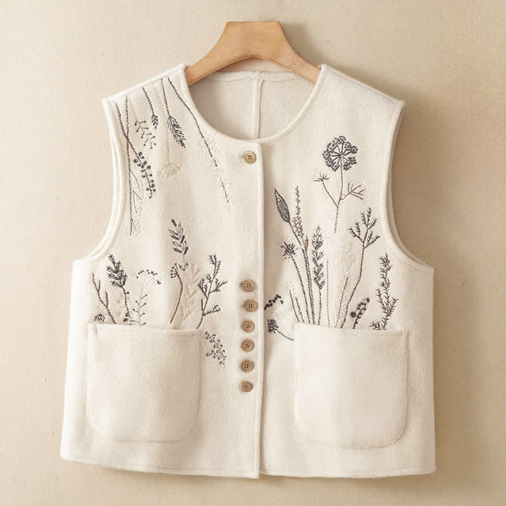 Buddha Stones Canotta classica vintage autunno/inverno con ricami floreali ed erba, gilet da donna con tasche - Beige - US8-10, UK/AU12-14, EU40-42 (2XL) - image 16
