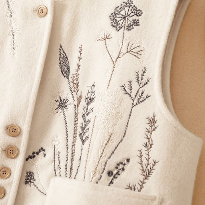 Buddha Stones Canotta classica vintage autunno/inverno con ricami floreali ed erba, gilet da donna con tasche - image 21