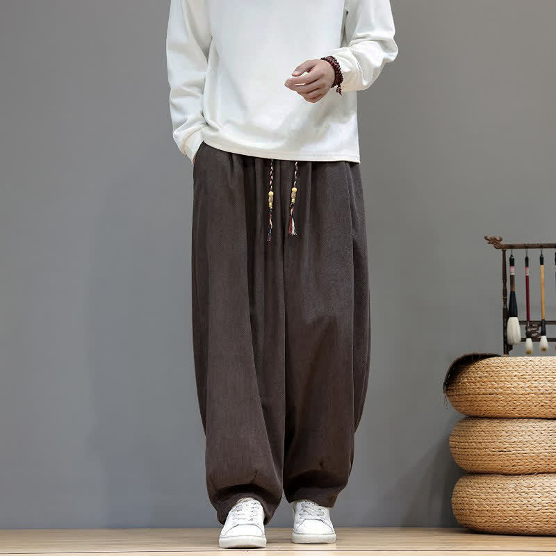 Buddha Stones Pantaloni classici semplici autunno/inverno con coulisse, tinta unita, alla caviglia, in velluto a coste, da uomo, gamba dritta con tasche. - Marrone sella - US/UK/AU48, EU58 (6XL) - image 0