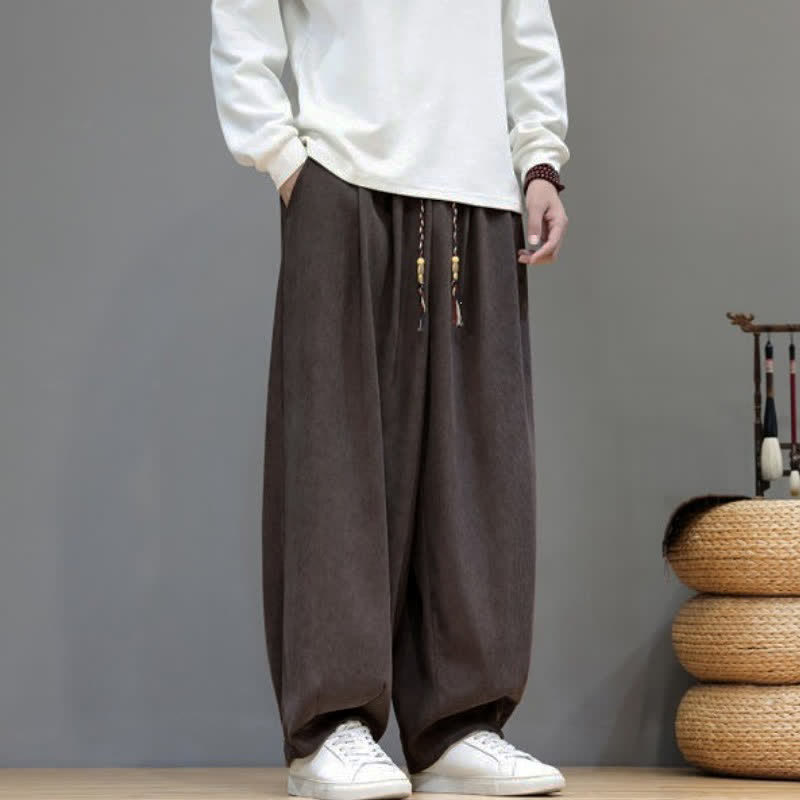 Buddha Stones Pantaloni classici semplici autunno/inverno con coulisse, tinta unita, alla caviglia, in velluto a coste, da uomo, gamba dritta con tasche. - image 1