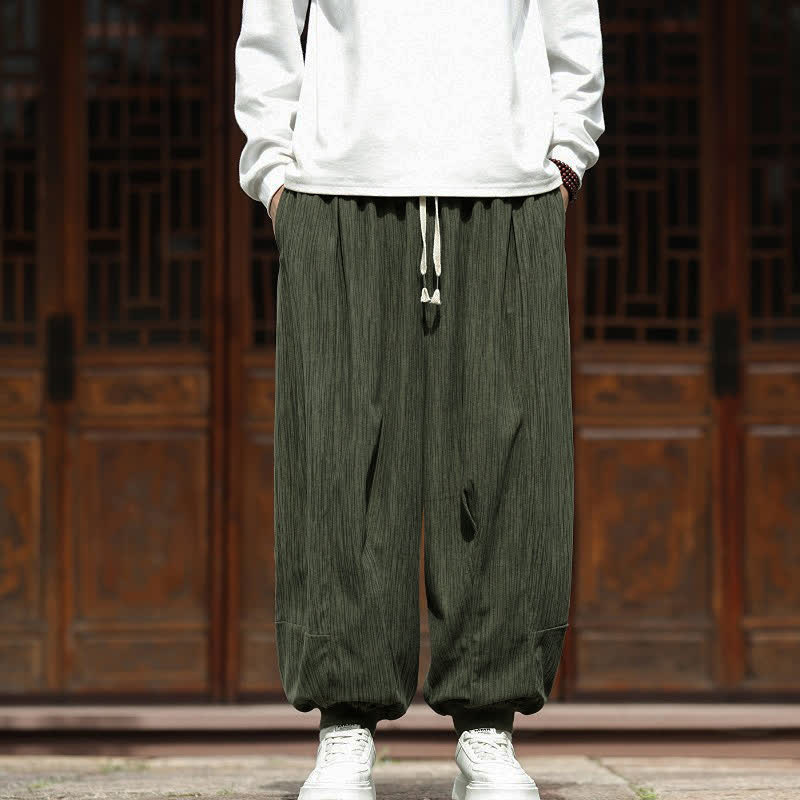 Buddha Stones Pantaloni corti da uomo in velluto a coste, stile boho, casual, autunno/inverno, con coulisse, modello harem e tasche. - Verde oliva scuro - US/UK/AU46, EU56 (5XL) - image 30