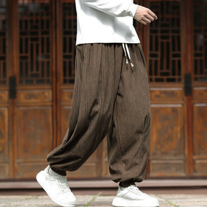 Buddha Stones Pantaloni corti da uomo in velluto a coste, stile boho, casual, autunno/inverno, con coulisse, modello harem e tasche. - image 1