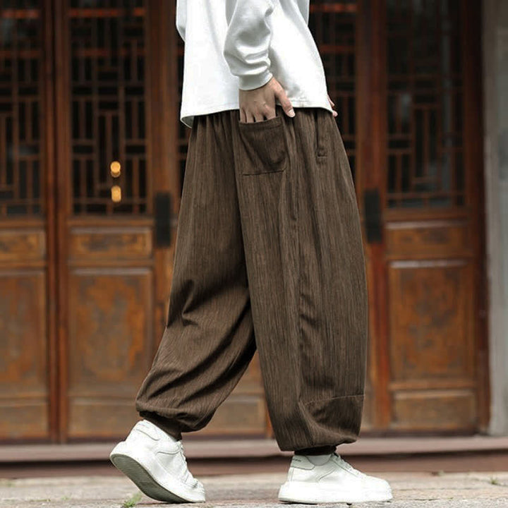 Buddha Stones Pantaloni corti da uomo in velluto a coste, stile boho, casual, autunno/inverno, con coulisse, modello harem e tasche. - image 3