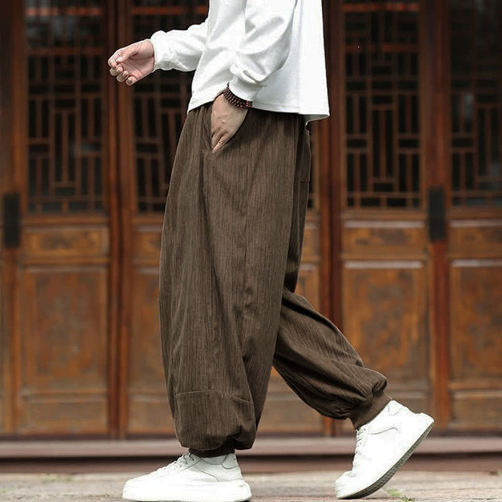 Buddha Stones Pantaloni corti da uomo in velluto a coste, stile boho, casual, autunno/inverno, con coulisse, modello harem e tasche. - image 7