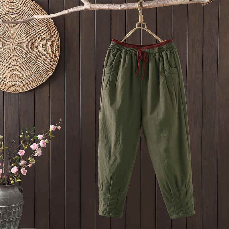 Buddha Stones Pantaloni corti da donna a tinta unita, casual, autunno/inverno, con elastico in vita e coulisse, modello affusolato con tasche. - Verde oliva scuro - US12, UK/AU16, EU44 (3XL) - image 0