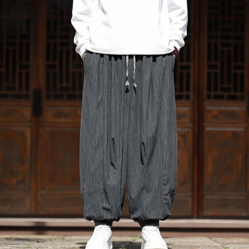 Buddha Stones Pantaloni corti da uomo in velluto a coste, stile boho, casual, autunno/inverno, con coulisse, modello harem e tasche. - Grigio - US/UK/AU46, EU56 (5XL) - image 9
