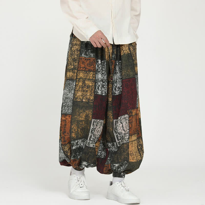 Buddha Stones Pantaloni cropped geometrici con coulisse, stile boho, casual primavera/autunno, da uomo, modello harem con tasche. - image 1