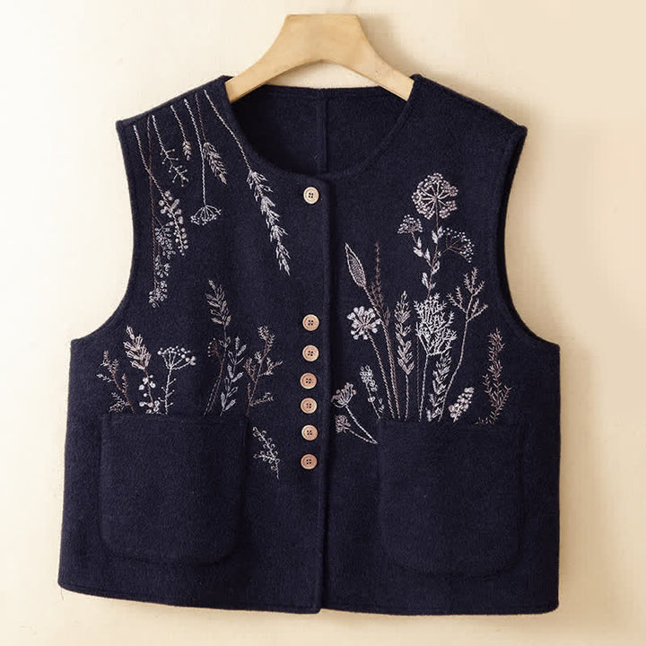 Buddha Stones Canotta classica vintage autunno/inverno con ricami floreali ed erba, gilet da donna con tasche - SteelBlue - US8-10, UK/AU12-14, EU40-42 (2XL) - image 9