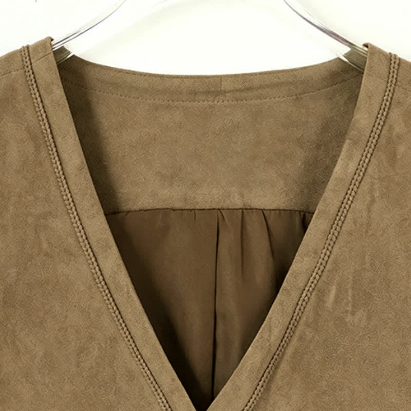 Buddha Stones Canotta da donna autunnale vintage casual con bottoni, coulisse e scollo a V in cotone tinta unita. - image 13