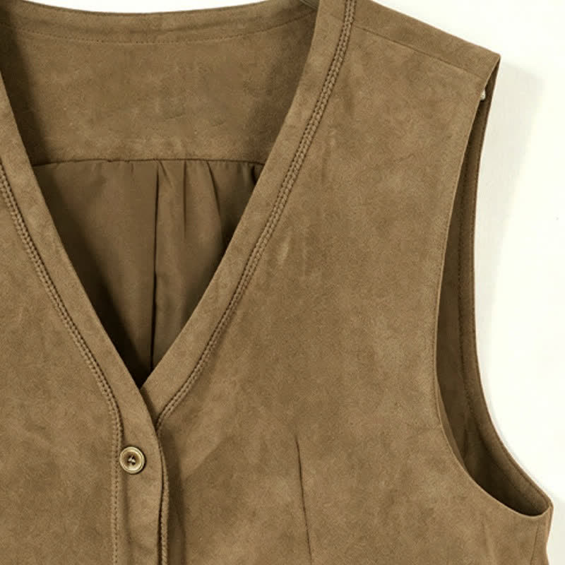 Buddha Stones Canotta da donna autunnale vintage casual con bottoni, coulisse e scollo a V in cotone tinta unita. - image 14
