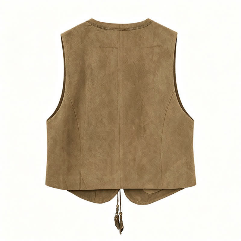 Buddha Stones Canotta da donna autunnale vintage casual con bottoni, coulisse e scollo a V in cotone tinta unita. - image 12