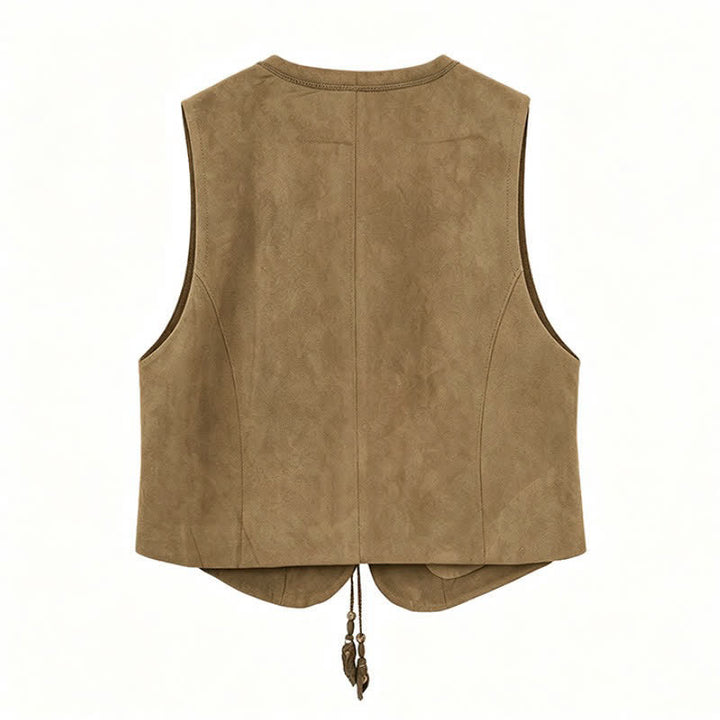 Buddha Stones Canotta da donna autunnale vintage casual con bottoni, coulisse e scollo a V in cotone tinta unita. - image 12