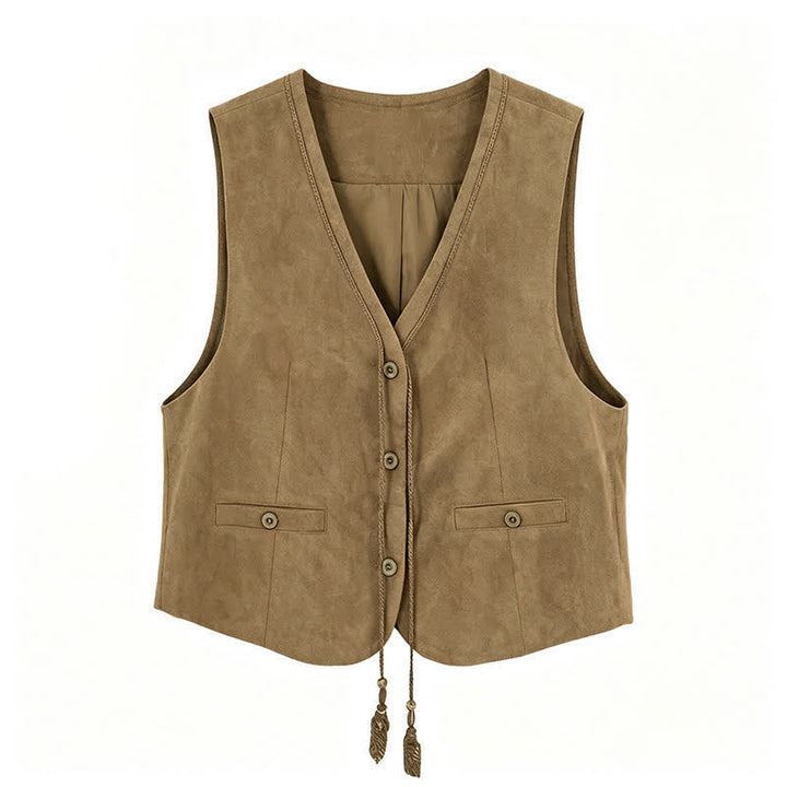 Buddha Stones Canotta da donna autunnale vintage casual con bottoni, coulisse e scollo a V in cotone tinta unita. - image 11