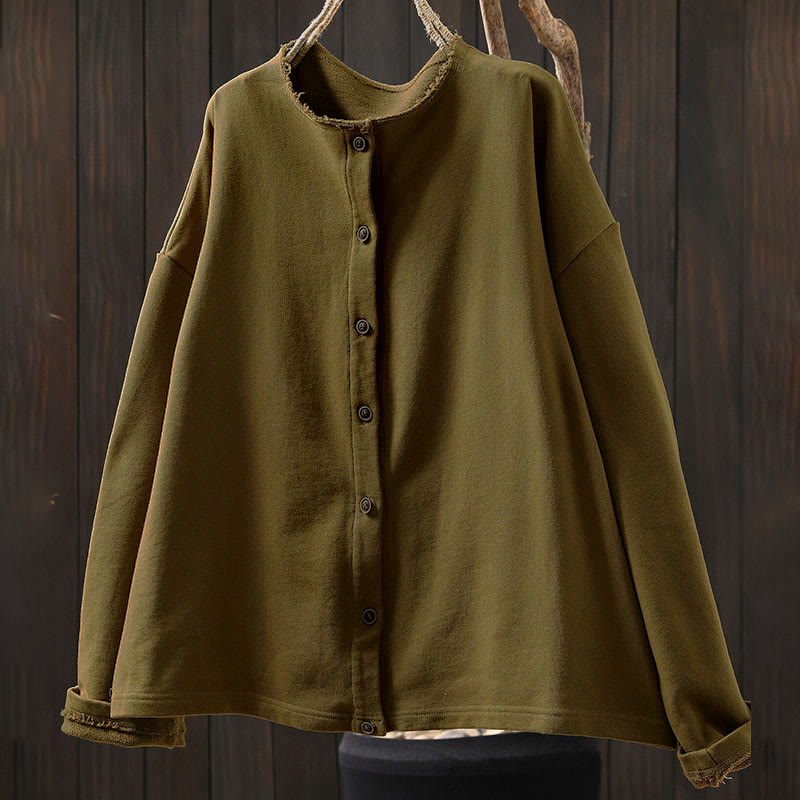 Camicia da donna in cotone con scollo rotondo, maniche lunghe e bottoni , Buddha Stones Fall Solid - image 1