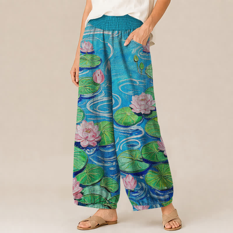 Buddha Stones Pantaloni harem da donna in cotone rosa con motivo a laghetto di loto, plissettati e vita elasticizzata, con tasche. - image 1