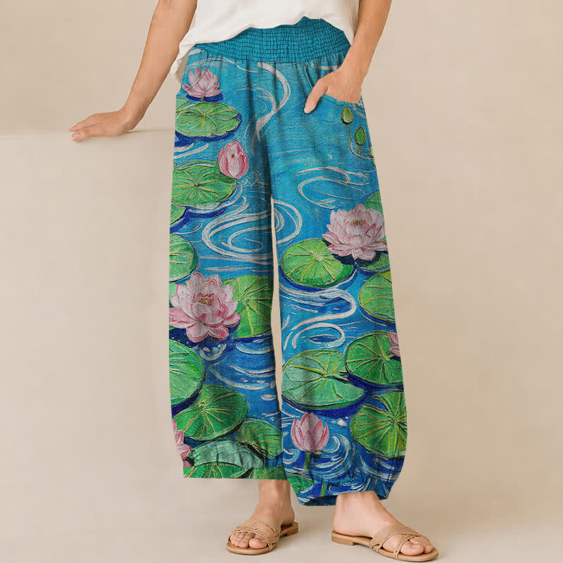 Buddha Stones Pantaloni harem da donna in cotone rosa con motivo a laghetto di loto, plissettati e vita elasticizzata, con tasche. - Azzurro cielo chiaro - US16, UK/AU20, EU48 (3XL) - image 0
