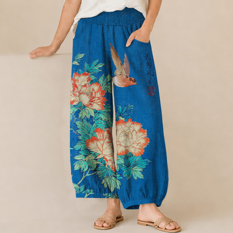 Buddha Stones Pantaloni harem da donna in cotone rosso con motivo calligrafico di peonia e uccelli, vita elasticizzata e pieghe, con tasche. - Blu reale - US16, UK/AU20, EU48 (3XL) - image 0