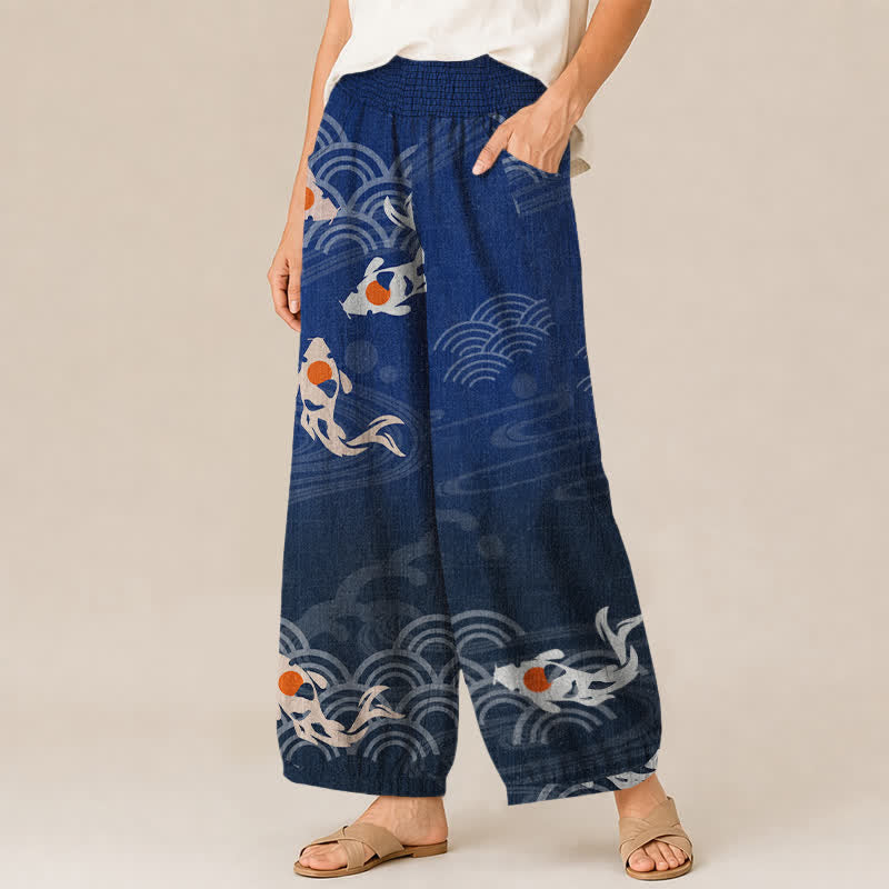Buddha Stones Pantaloni harem da donna in cotone con motivo a onde giapponesi e pesci koi, plissettati e vita elasticizzata, con tasche. - image 1