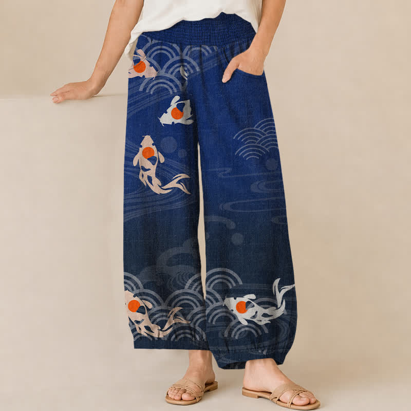 Buddha Stones Pantaloni harem da donna in cotone con motivo a onde giapponesi e pesci koi, plissettati e vita elasticizzata, con tasche. - Marina - US16, UK/AU20, EU48 (3XL) - image 0