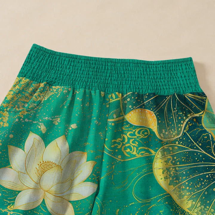 Buddha Stones Pantaloni harem da donna in cotone con motivo a loto rosso e pesci koi, vita elasticizzata e pieghe, con tasche. - image 4