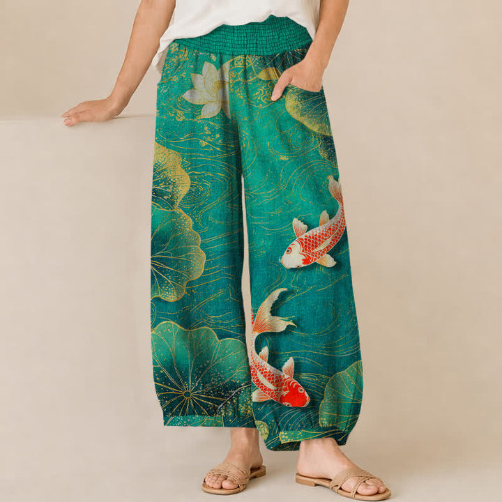 Buddha Stones Pantaloni harem da donna in cotone con motivo a loto rosso e pesci koi, vita elasticizzata e pieghe, con tasche. - Acquamarina media - US16, UK/AU20, EU48 (3XL) - image 0