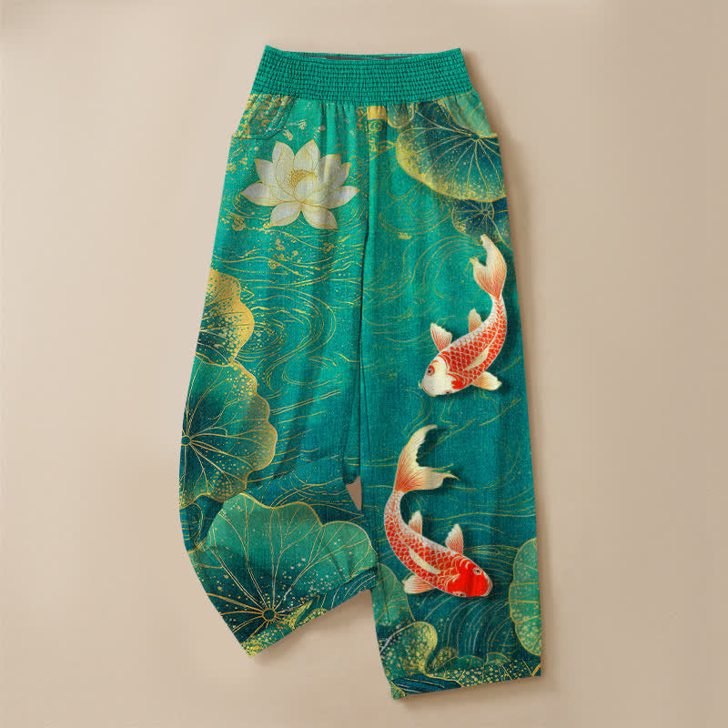 Buddha Stones Pantaloni harem da donna in cotone con motivo a loto rosso e pesci koi, vita elasticizzata e pieghe, con tasche. - image 3