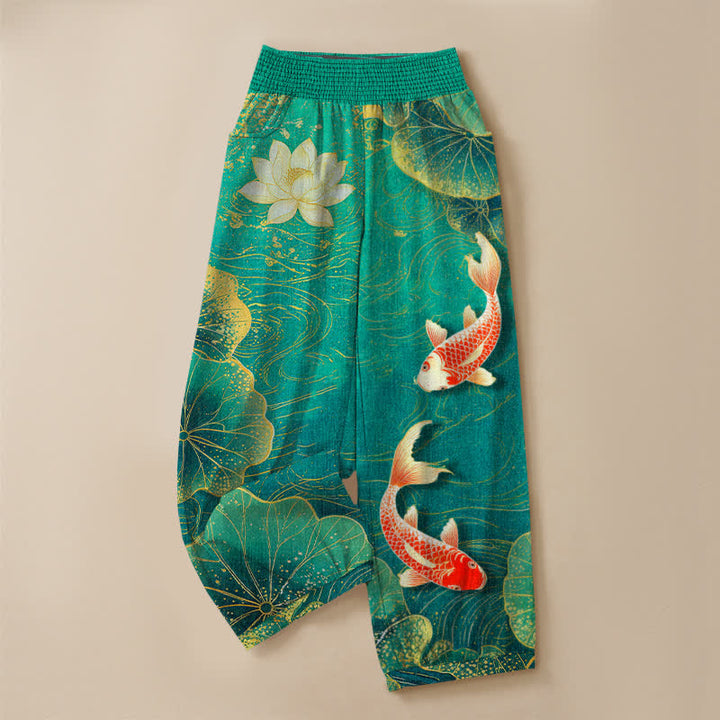 Buddha Stones Pantaloni harem da donna in cotone con motivo a loto rosso e pesci koi, vita elasticizzata e pieghe, con tasche. - image 3