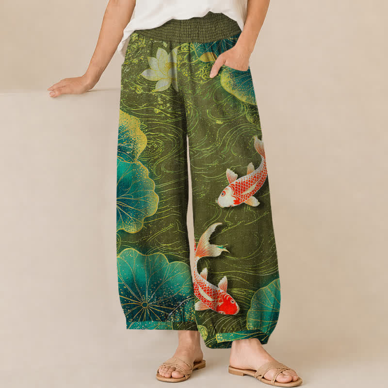 Buddha Stones Pantaloni harem da donna in cotone con motivo a loto rosso e pesci koi, vita elasticizzata e pieghe, con tasche. - Verde oliva scuro - US16, UK/AU20, EU48 (3XL) - image 6