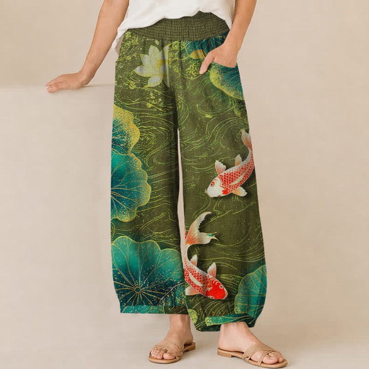 Buddha Stones Pantaloni harem da donna in cotone con motivo a loto rosso e pesci koi, vita elasticizzata e pieghe, con tasche. - Verde oliva scuro - US16, UK/AU20, EU48 (3XL) - image 6