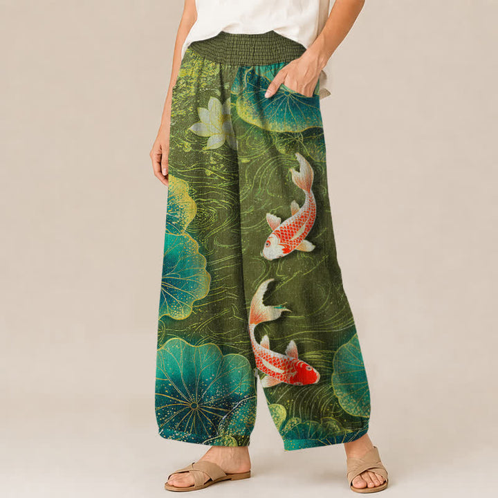 Buddha Stones Pantaloni harem da donna in cotone con motivo a loto rosso e pesci koi, vita elasticizzata e pieghe, con tasche. - image 7