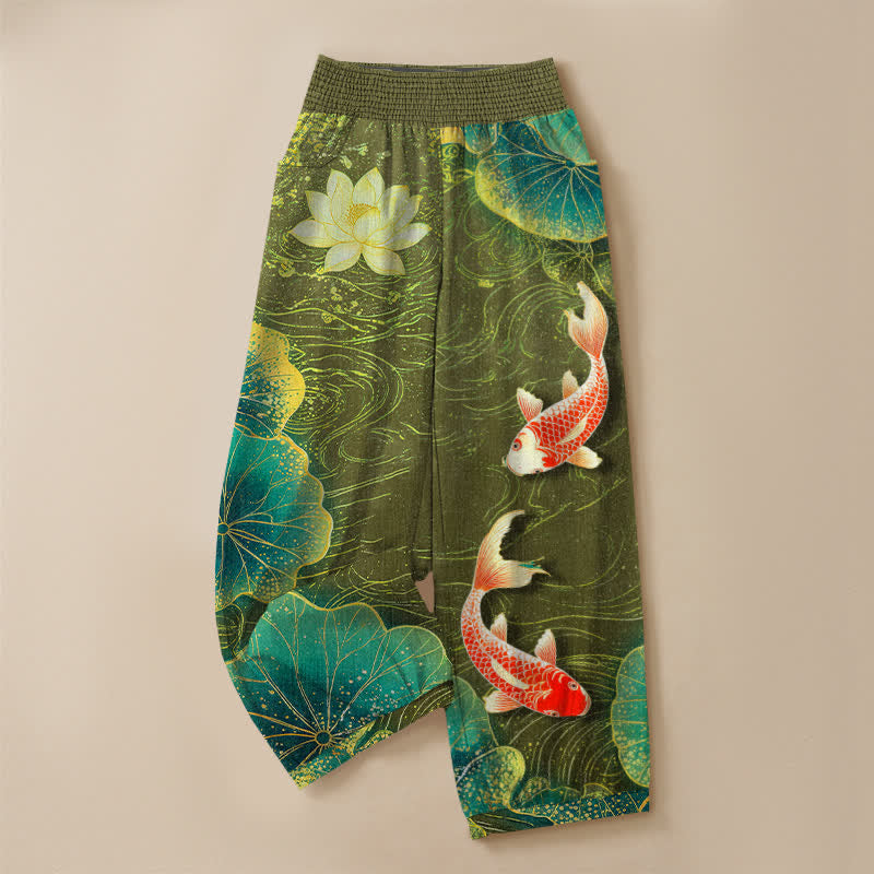 Buddha Stones Pantaloni harem da donna in cotone con motivo a loto rosso e pesci koi, vita elasticizzata e pieghe, con tasche. - image 9
