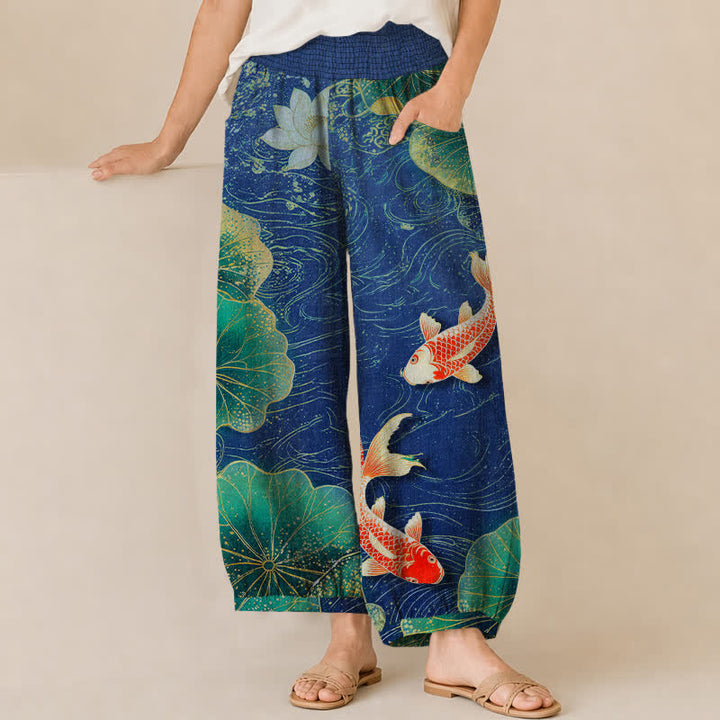Buddha Stones Pantaloni harem da donna in cotone con motivo a loto rosso e pesci koi, vita elasticizzata e pieghe, con tasche. - Marina - US16, UK/AU20, EU48 (3XL) - image 10