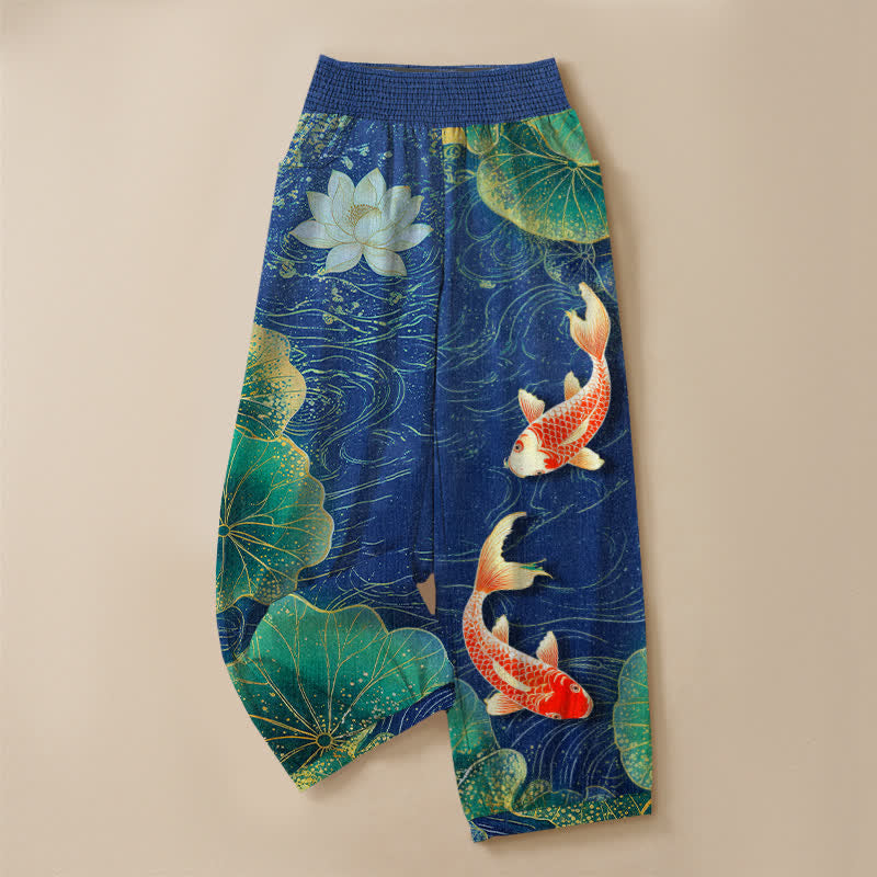 Buddha Stones Pantaloni harem da donna in cotone con motivo a loto rosso e pesci koi, vita elasticizzata e pieghe, con tasche. - image 13