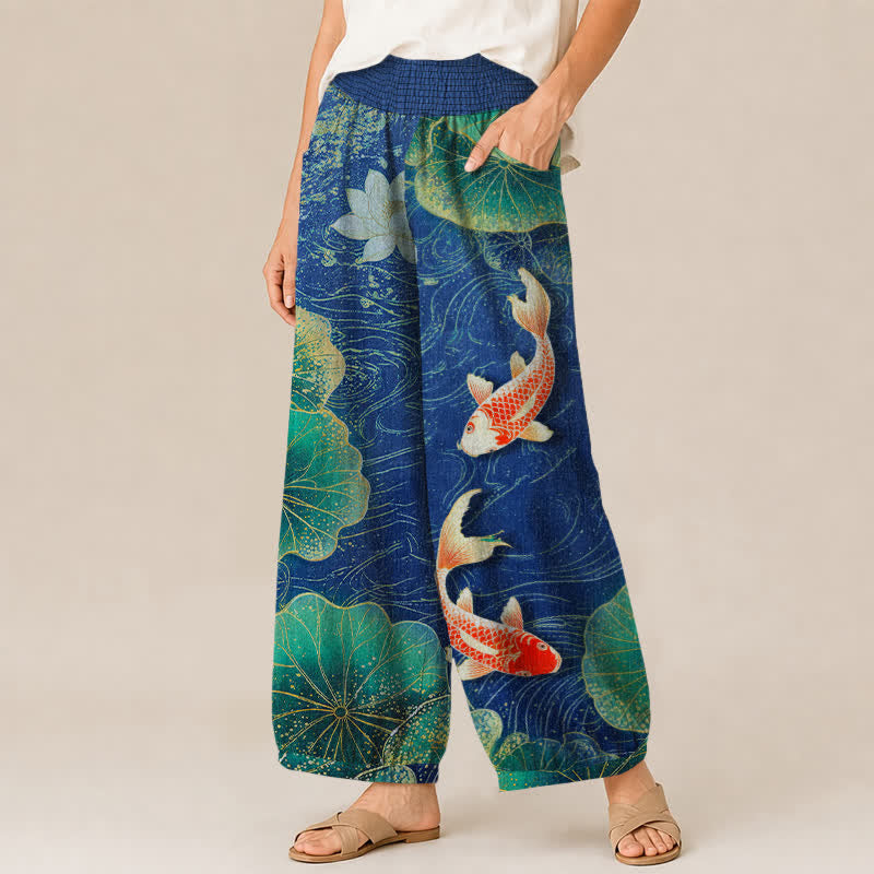 Buddha Stones Pantaloni harem da donna in cotone con motivo a loto rosso e pesci koi, vita elasticizzata e pieghe, con tasche. - image 11