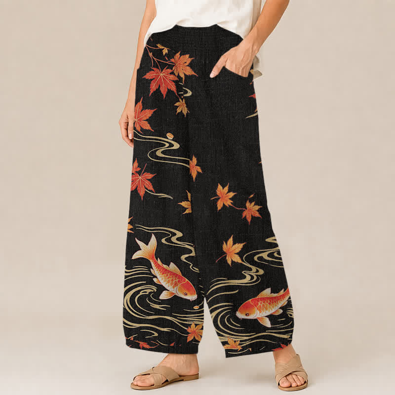Buddha Stones Pantaloni harem da donna in cotone con motivo a onde e pesci koi rossi e acero, plissettati e vita elasticizzata, con tasche. - image 1