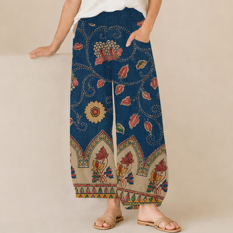 Buddha Stones Pantaloni harem da donna in cotone stile vintage con motivo floreale a foglie rosse, plissettati e vita elasticizzata, con tasche. - Marina - US16, UK/AU20, EU48 (3XL) - image 0
