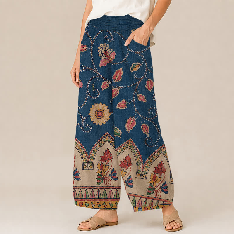 Buddha Stones Pantaloni harem da donna in cotone stile vintage con motivo floreale a foglie rosse, plissettati e vita elasticizzata, con tasche. - image 1