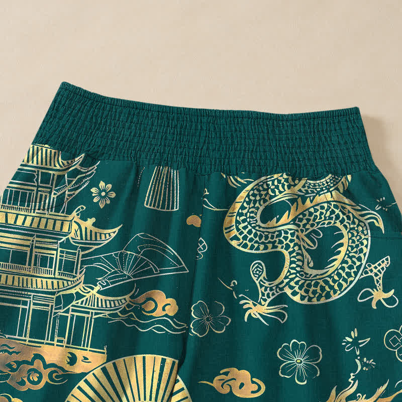 Buddha Stones Pantaloni harem da donna in cotone con motivo drago orientale, pieghe e vita elasticizzata, con tasche. - image 4