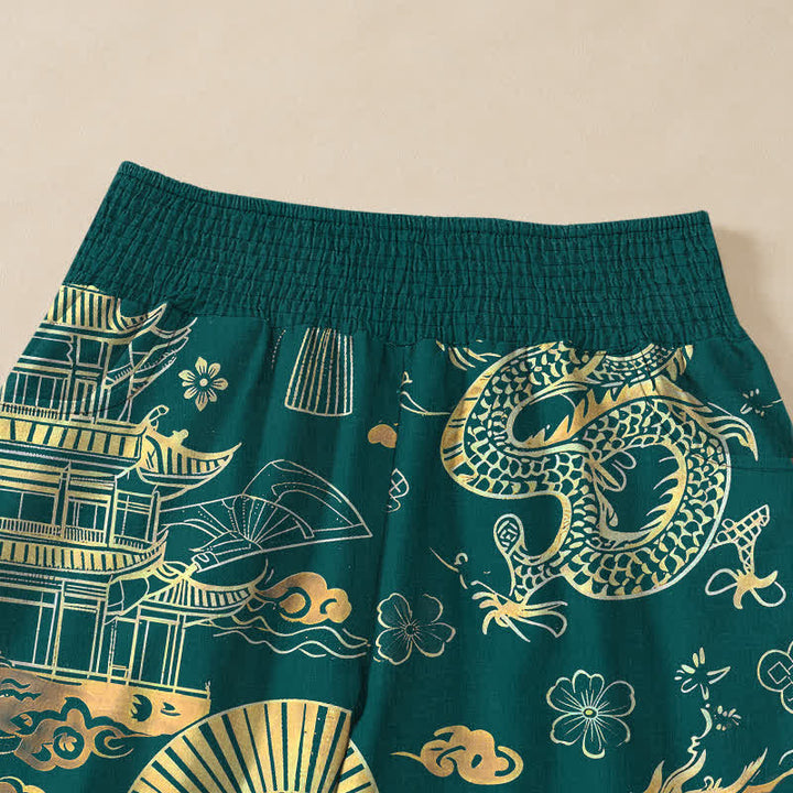 Buddha Stones Pantaloni harem da donna in cotone con motivo drago orientale, pieghe e vita elasticizzata, con tasche. - image 4