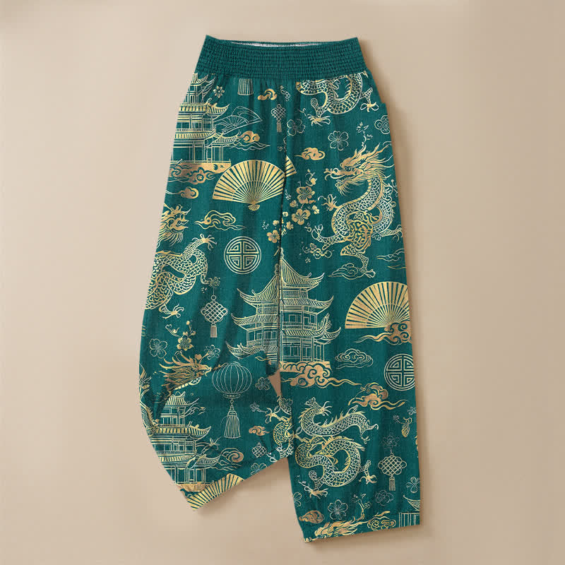 Buddha Stones Pantaloni harem da donna in cotone con motivo drago orientale, pieghe e vita elasticizzata, con tasche. - image 3