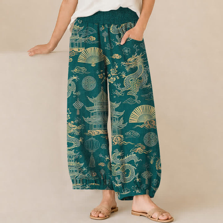 Buddha Stones Pantaloni harem da donna in cotone con motivo drago orientale, pieghe e vita elasticizzata, con tasche. - Verde acqua - US16, UK/AU20, EU48 (3XL) - image 0