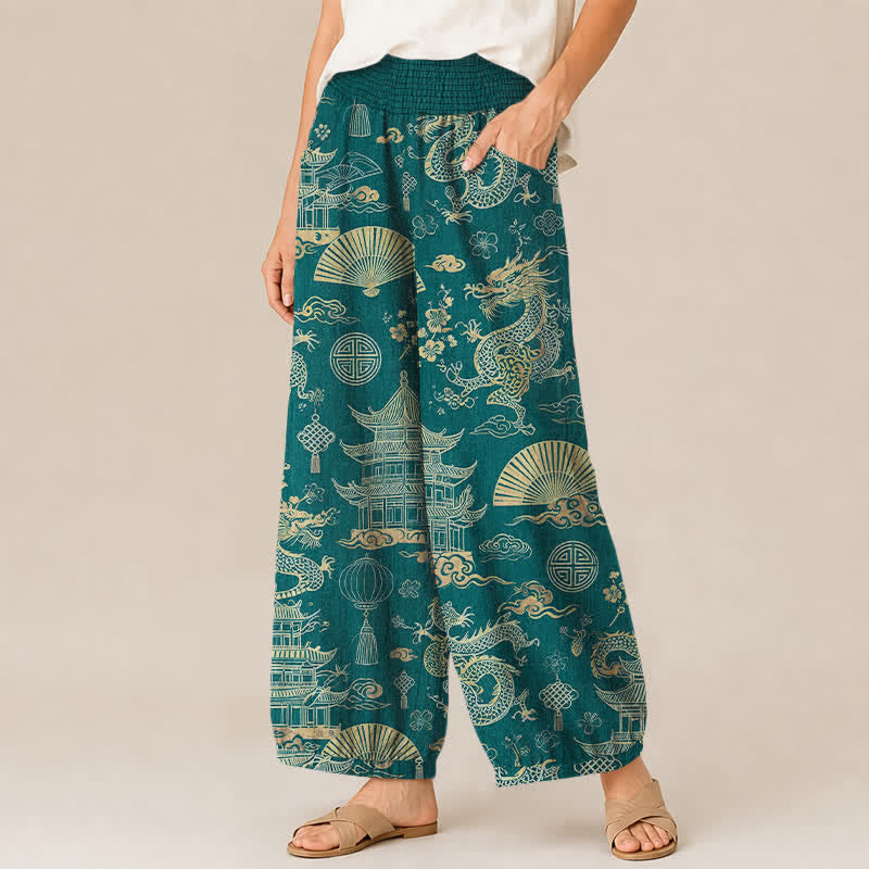 Buddha Stones Pantaloni harem da donna in cotone con motivo drago orientale, pieghe e vita elasticizzata, con tasche. - image 1