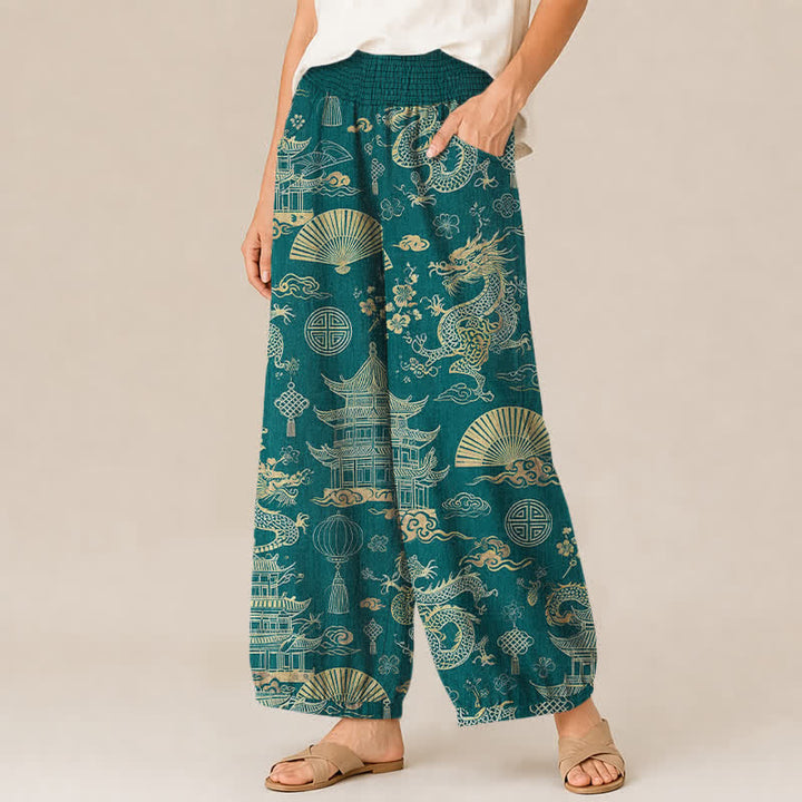 Buddha Stones Pantaloni harem da donna in cotone con motivo drago orientale, pieghe e vita elasticizzata, con tasche. - image 1