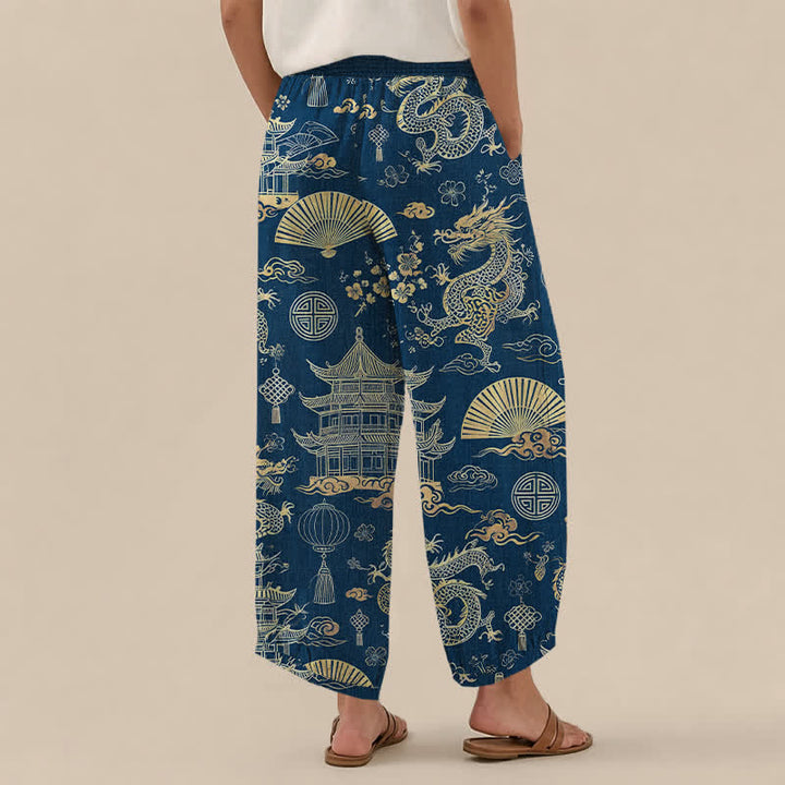 Buddha Stones Pantaloni harem da donna in cotone con motivo drago orientale, pieghe e vita elasticizzata, con tasche. - image 8