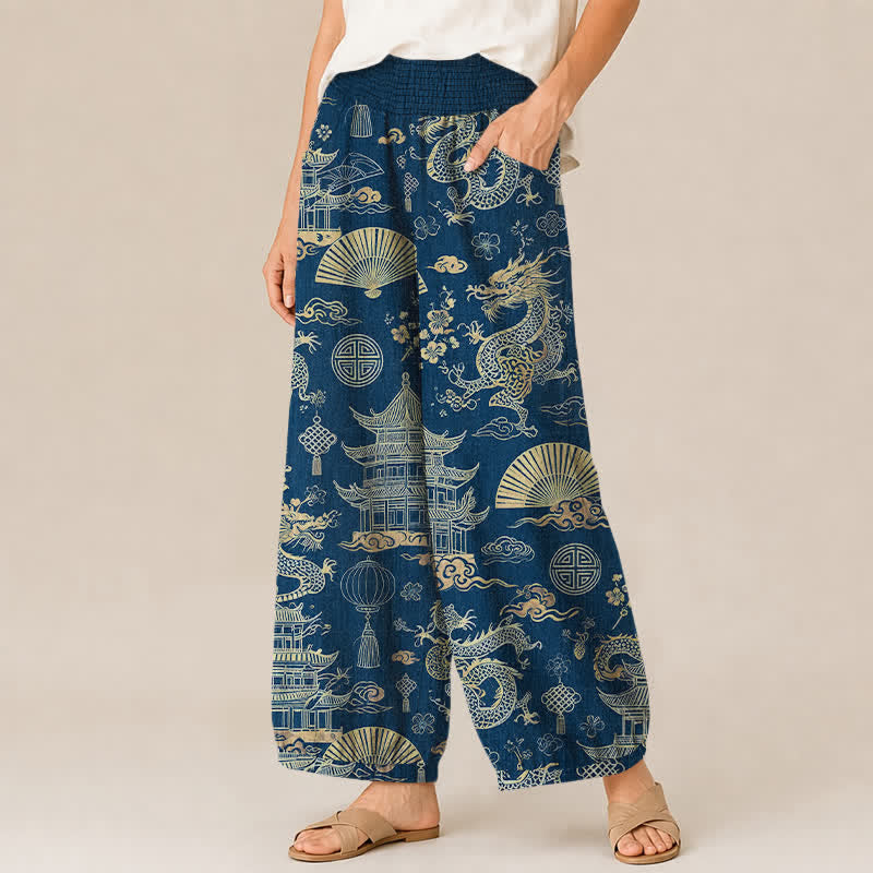 Buddha Stones Pantaloni harem da donna in cotone con motivo drago orientale, pieghe e vita elasticizzata, con tasche. - image 7