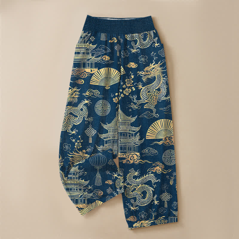 Buddha Stones Pantaloni harem da donna in cotone con motivo drago orientale, pieghe e vita elasticizzata, con tasche. - image 9