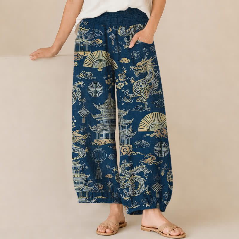 Buddha Stones Pantaloni harem da donna in cotone con motivo drago orientale, pieghe e vita elasticizzata, con tasche. - Marina - US16, UK/AU20, EU48 (3XL) - image 6