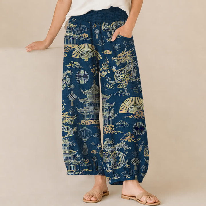 Buddha Stones Pantaloni harem da donna in cotone con motivo drago orientale, pieghe e vita elasticizzata, con tasche. - Marina - US16, UK/AU20, EU48 (3XL) - image 6